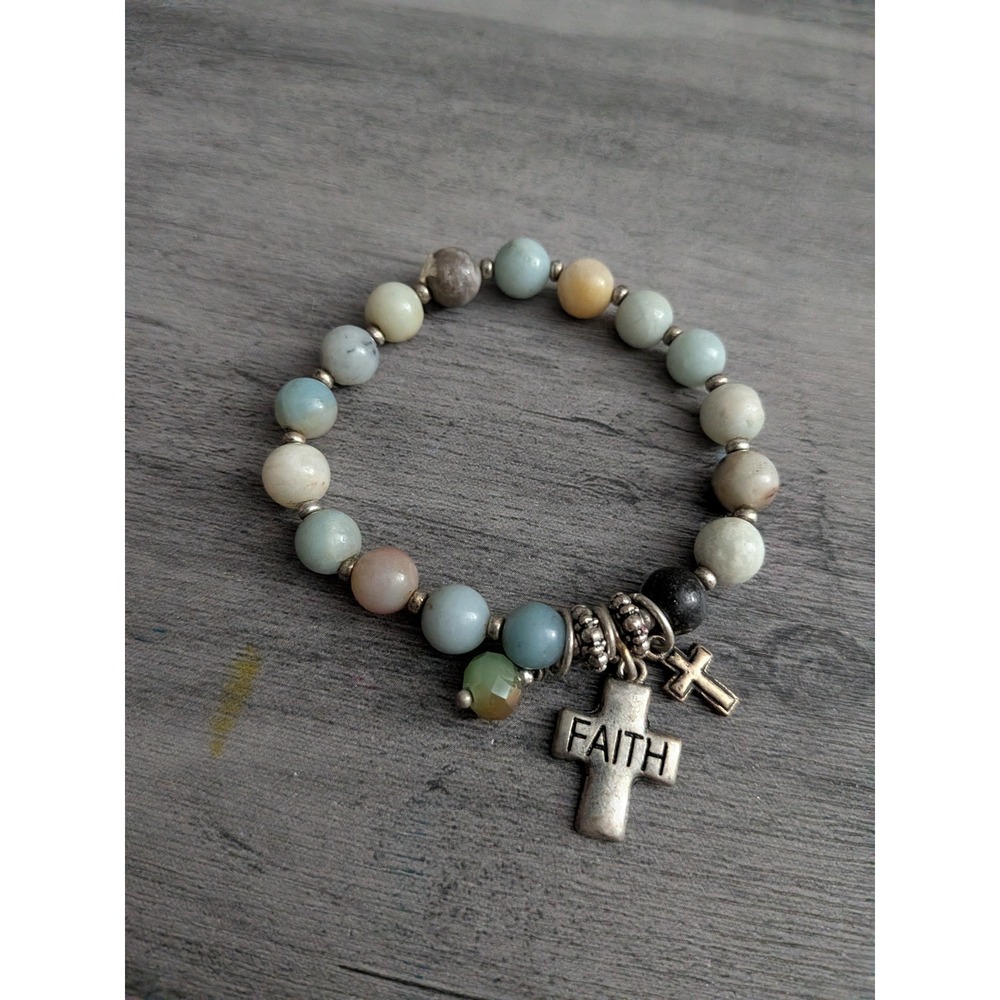 Faith Cross Charm Natural Stone Beaded Stretch Bracelet Silver Tone Religious
